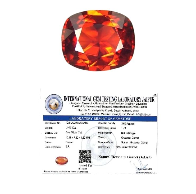 IGL Gomed Stone Original Certified - Srilankan Hessonite Garnet (Gomed) Gemstone to help with the negative effects of the planet Rahu, for Peace and Protection - (3 to 3.5 Carats) - IGL Jewels